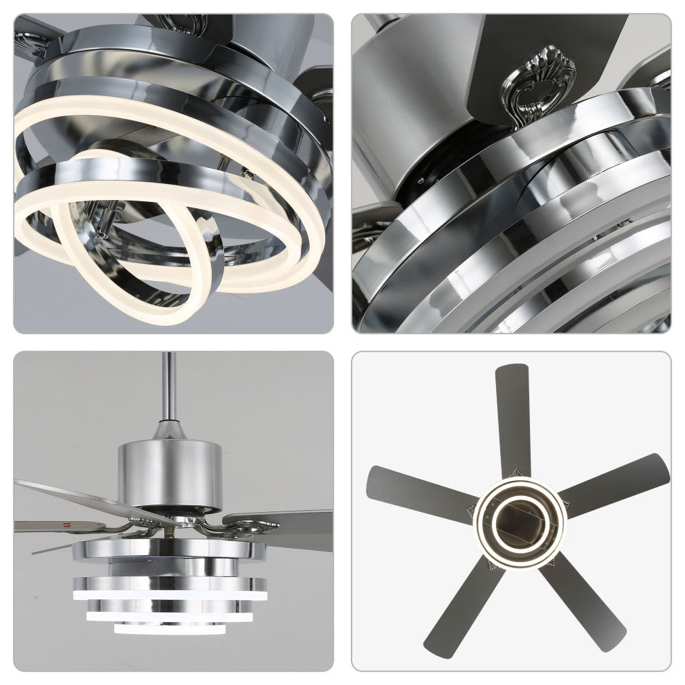 52" Ceiling Fan with Adjustable LED Light Kit, 3 Color Tone 6 Fan Speed, Chrome