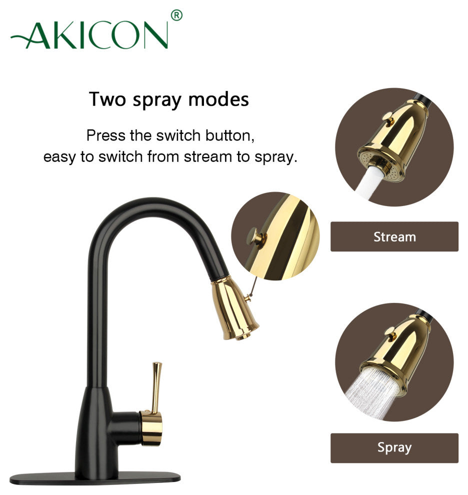 Pull Down Kitchen Faucet With Deck Plate, Two-Tone Matte Black and Gold