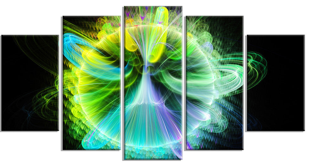 Green Fractal Vortices of Energy, Floral Canvas Art Print, 60"x32", 5 Panels