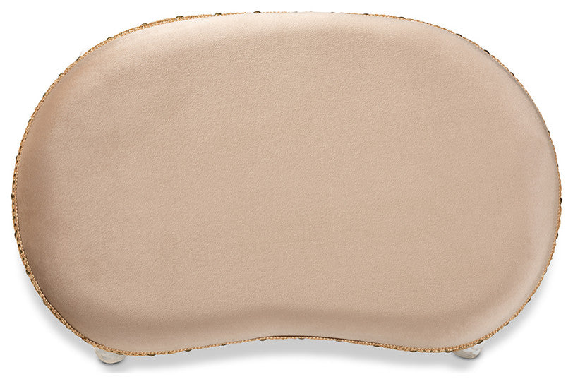 Derwent Sand Velvet Fabric White-Finished Wood Vanity Ottoman