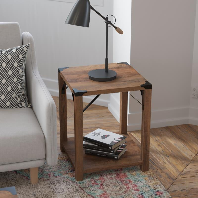 Wyatt Modern Farmhouse Wooden 2 Tier End Table, Rustic Oak