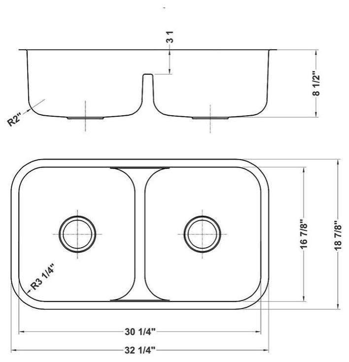 Ruvati RVM4350 Undermount 16 Gauge 32" Low Divide Double Bowl Kitchen Sink