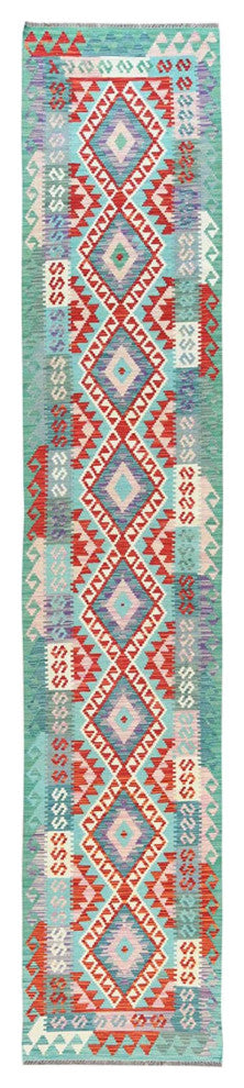 Colorful Afghan Kilim Geometric Design Wool Hand Woven Runner 2'8"x15'5"