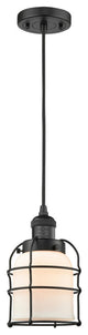 1-Light Small Bell Cage 8" Mini Pendant, Matte Black, Glass: Matte White Cased