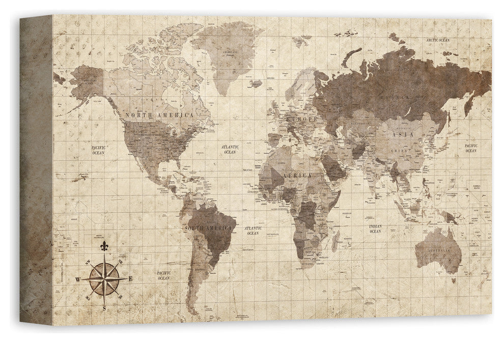 Distressed World Map Canvas Wall Art, 12"x18"