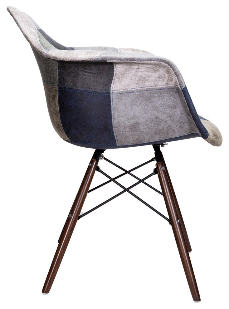 Patch Leatherette Fabric Upholstered DAW Arm Chair, Dark Walnut Leg, Blue/Gray