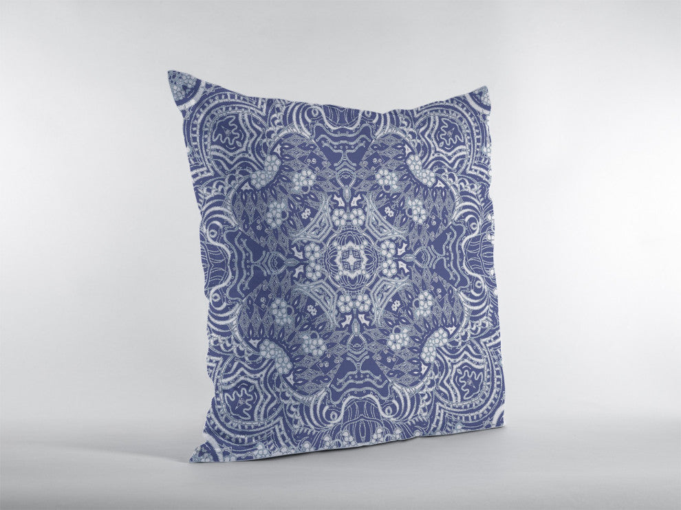 16" Indigo White Boho Ornate Zippered Suede Throw Pillow