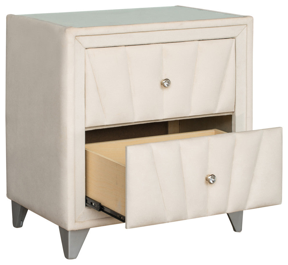 2-Drawer Wood Nightstand with Velvet Fabric and Glass Worktop, Beige