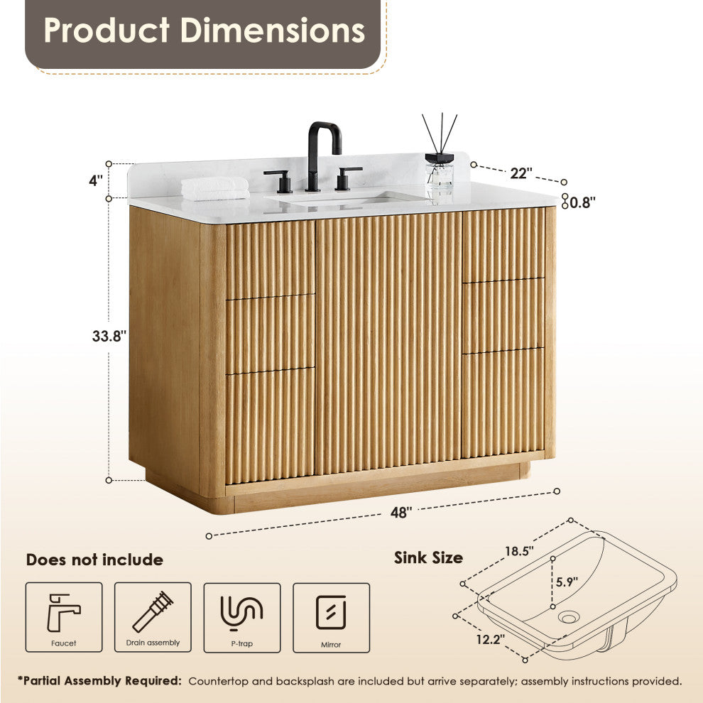 Clayton Bathroom Vanity, Washed Light Brown, 48", No Mirror