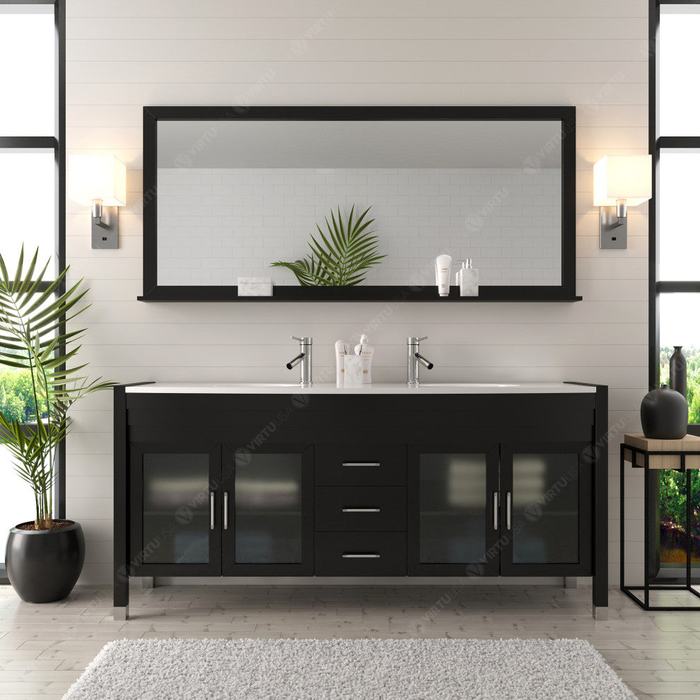 Virtu Ava 71" Double Bathroom Vanity, Espresso With Faucet and Mirror