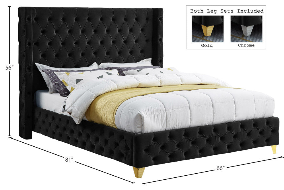 Savan Velvet Upholstered Bed, Black, Full
