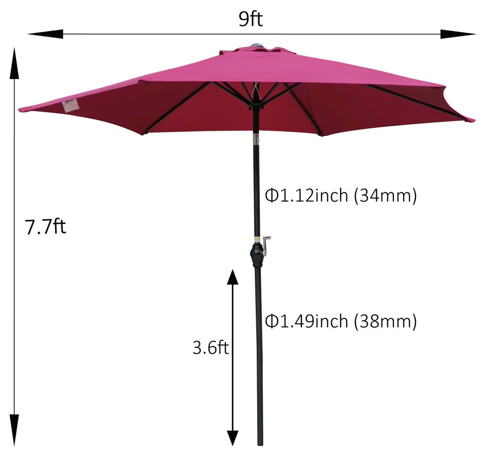 9' Outdoor Patio Market Umbrella With Push Button Tilt and Crank, Burgundy