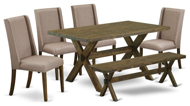 6-Piece Set, Dark Khaki Seat Chair Chairs, Bench and Top Table, and Jacobean