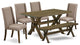 6-Piece Set, Dark Khaki Seat Chair Chairs, Bench and Top Table, and Jacobean