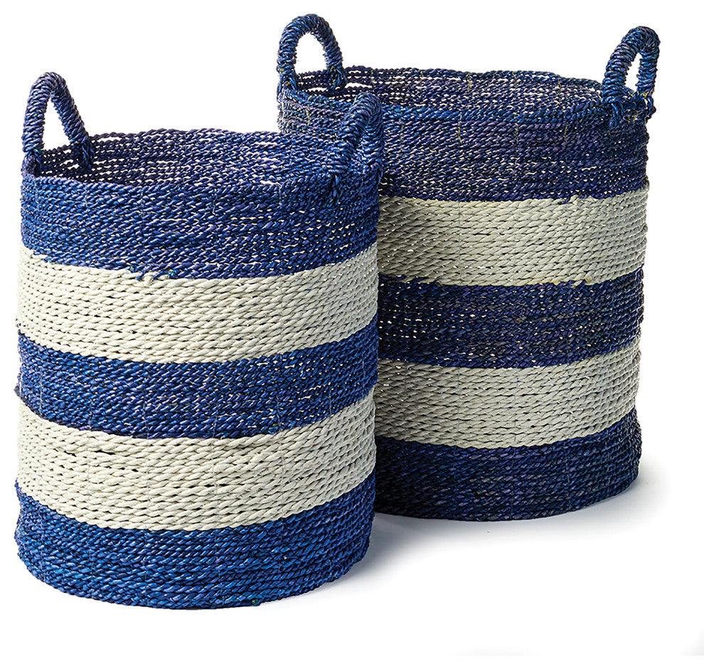 Set 2 Coastal Casual Blue White Stripe Tall Hamper Tote Baskets Large Handles