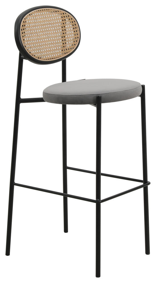LeisureMod Euston Wicker Bar Stool With Black Steel Frame and Footrest, Gray