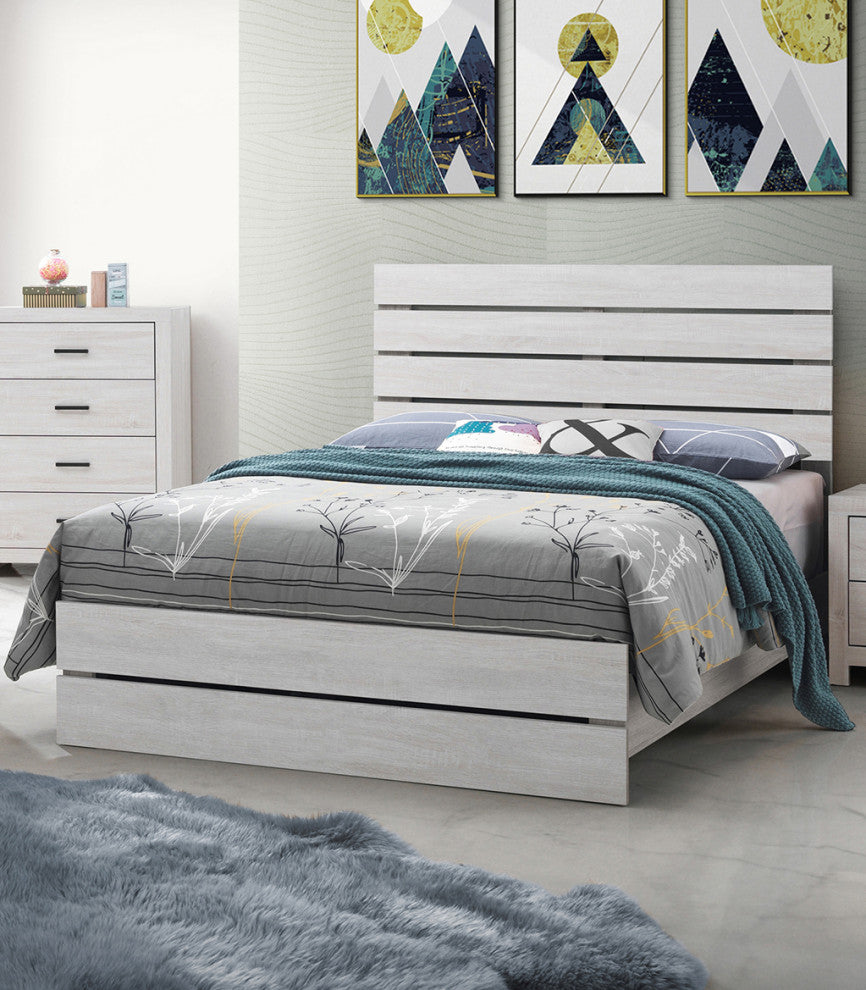 Eastern King Bed With Slat Headboard Design, Coastal White