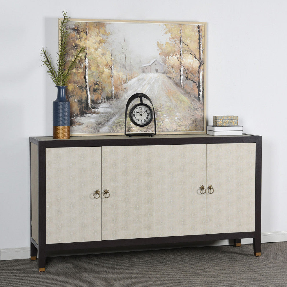 Dann Foley 4 Door Sideboard Ivory Faux Shagreen, Black Veneer Finish