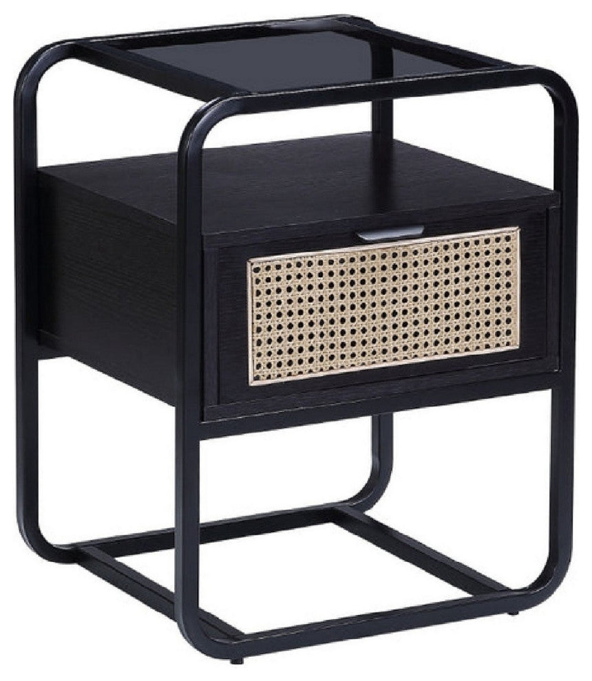 Benzara BM279019 24" Wood Accent Table, Tempered Glass Table Top, Black