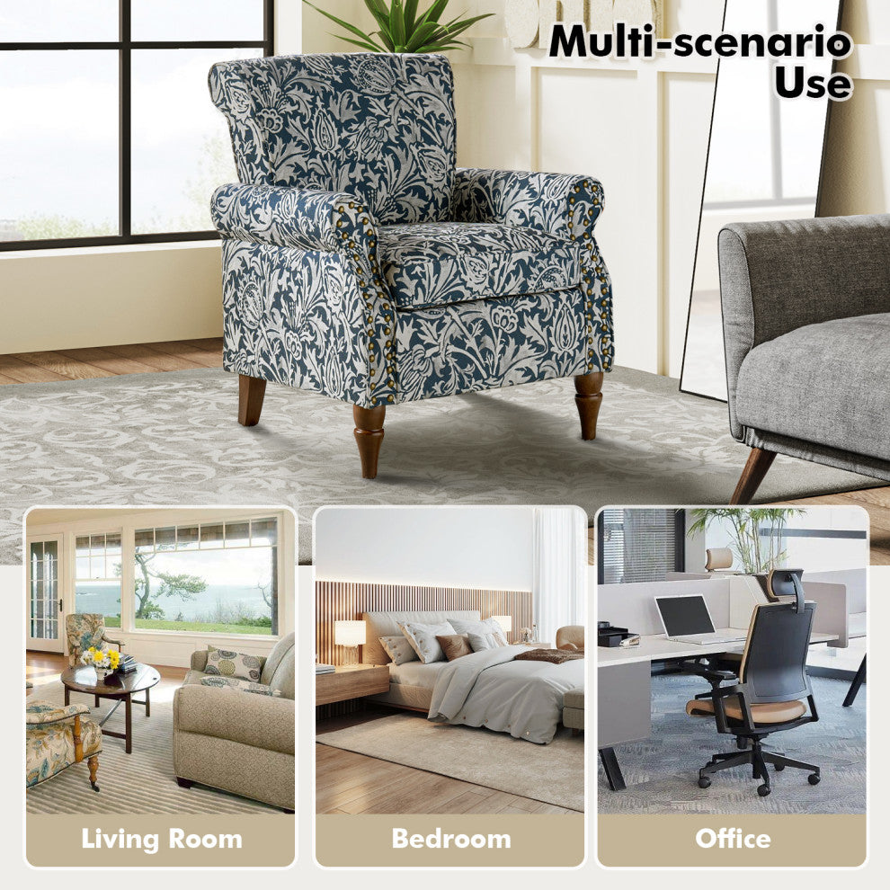 Wooden Upholstered Armchair, Navy