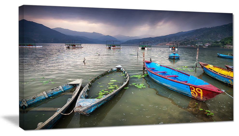Boats near Pokhara Lake, Large Boat Canvas Art Print, 60"x28"