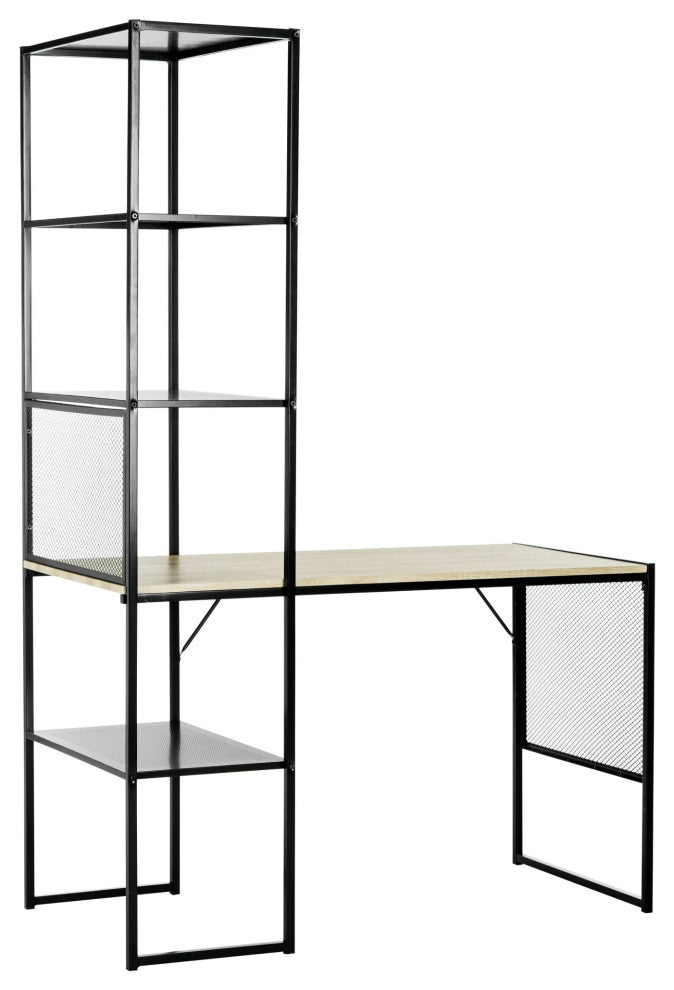 Contemporary Desk With Integrated Bookcase, Metal Frame & Multiple Open Shelves