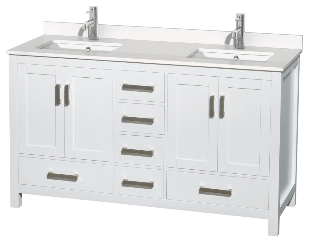 Sheffield 60" White Double Vanity, White Quartz Top, Square Sinks, No Mirror