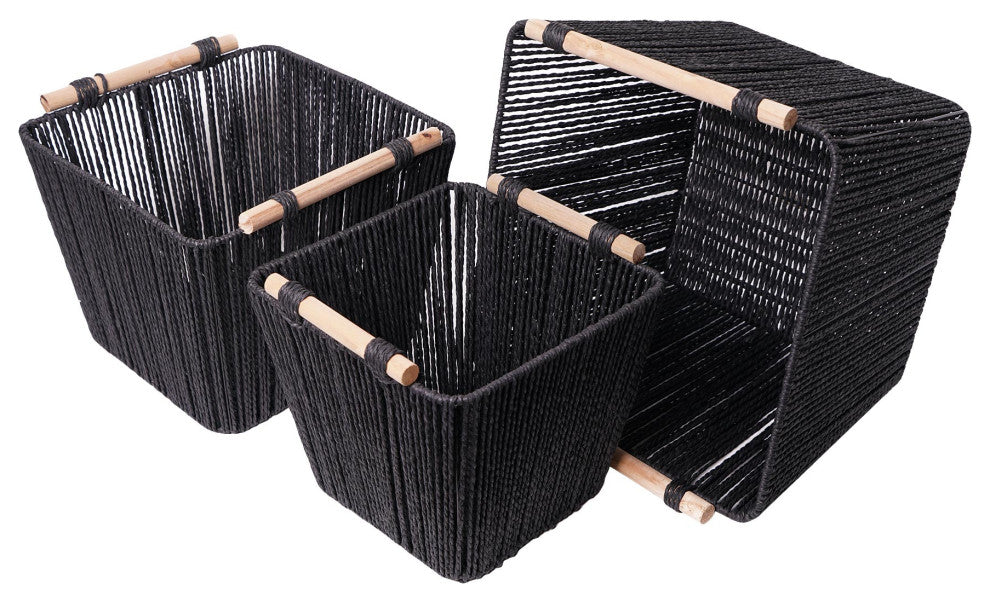 Boho Black Paper and Natural Rope Woven Storage Basket with Handles Set of 3