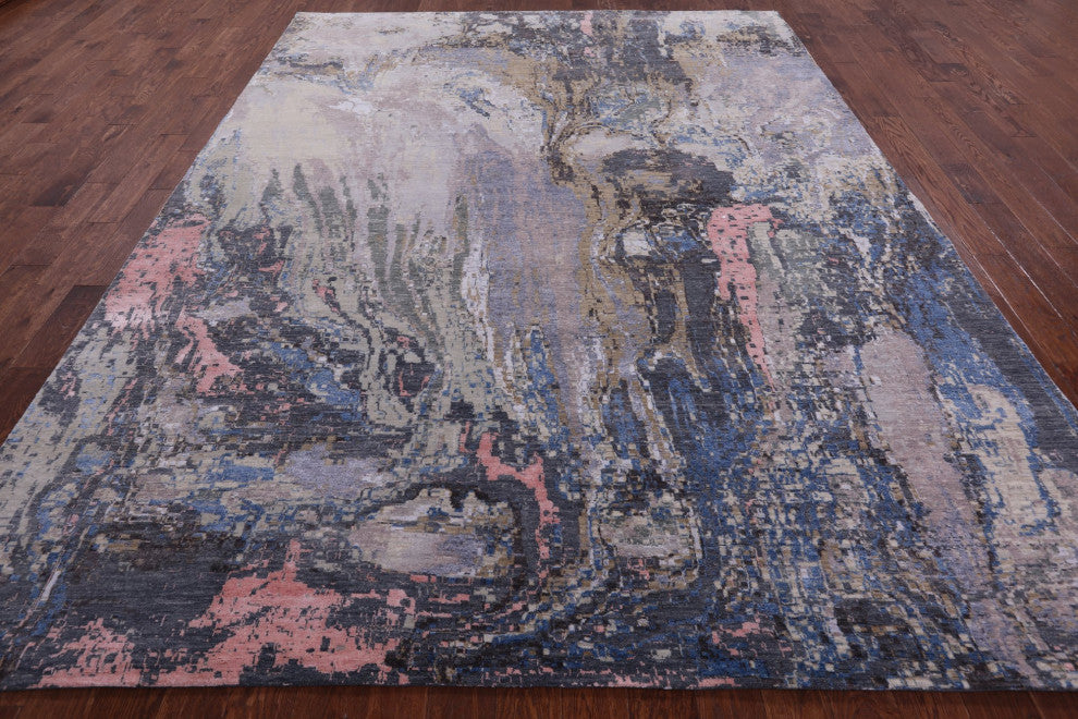 9' 0" X 11' 9" Abstract Hand Knotted Wool and Silk Rug Q7051