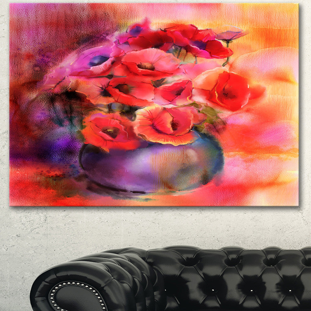 Bouquet Of Cute Poppies in Vase, Large Floral Canvas Art Print, 40"x30"