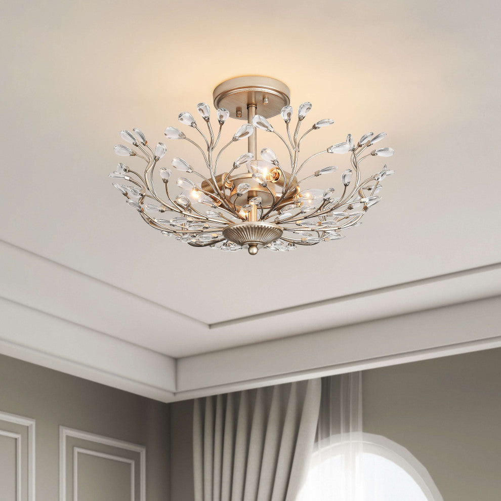 Grace 4-light Crystal Beaded 9-Branch Semi-Flush Mount, Brushed Silver-Ish Champagne