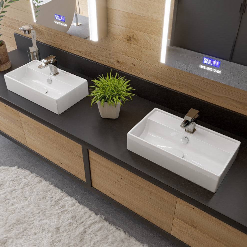 White 22" Rectangular Wall Mounted Ceramic Sink With Faucet Hole