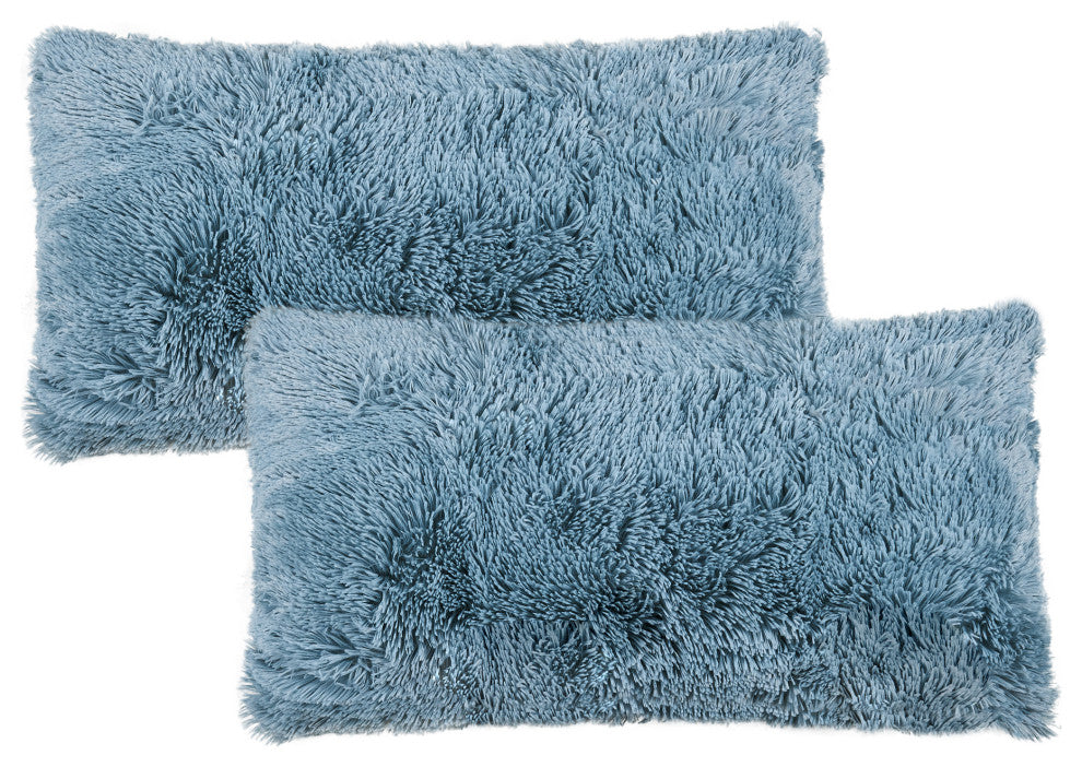 Shaggy Faux Fur Pillow Cover, Silver Blue, Set of 2, 14"x26"