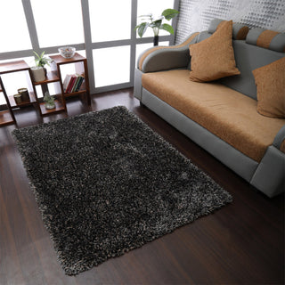 HAND TUFTED SHAG POLYESTER ECO-FRIENDLY AREA RUGS, Black Silver Color, Solid