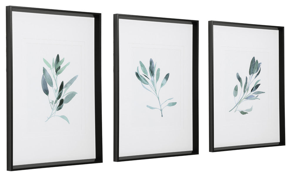 Sage Herb Watercolor Print Green White Wall Art Framed Farmhouse, 3-Piece Set
