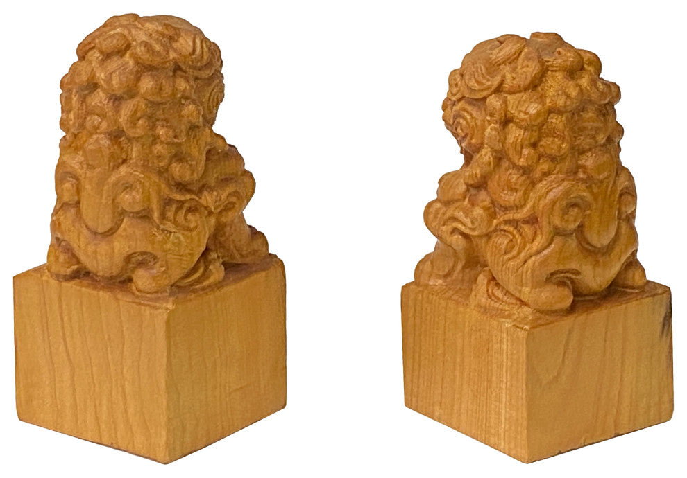 Chinese Pair Wood Carved Mini Foo Dogs Lions FengShui Figures Hws2382