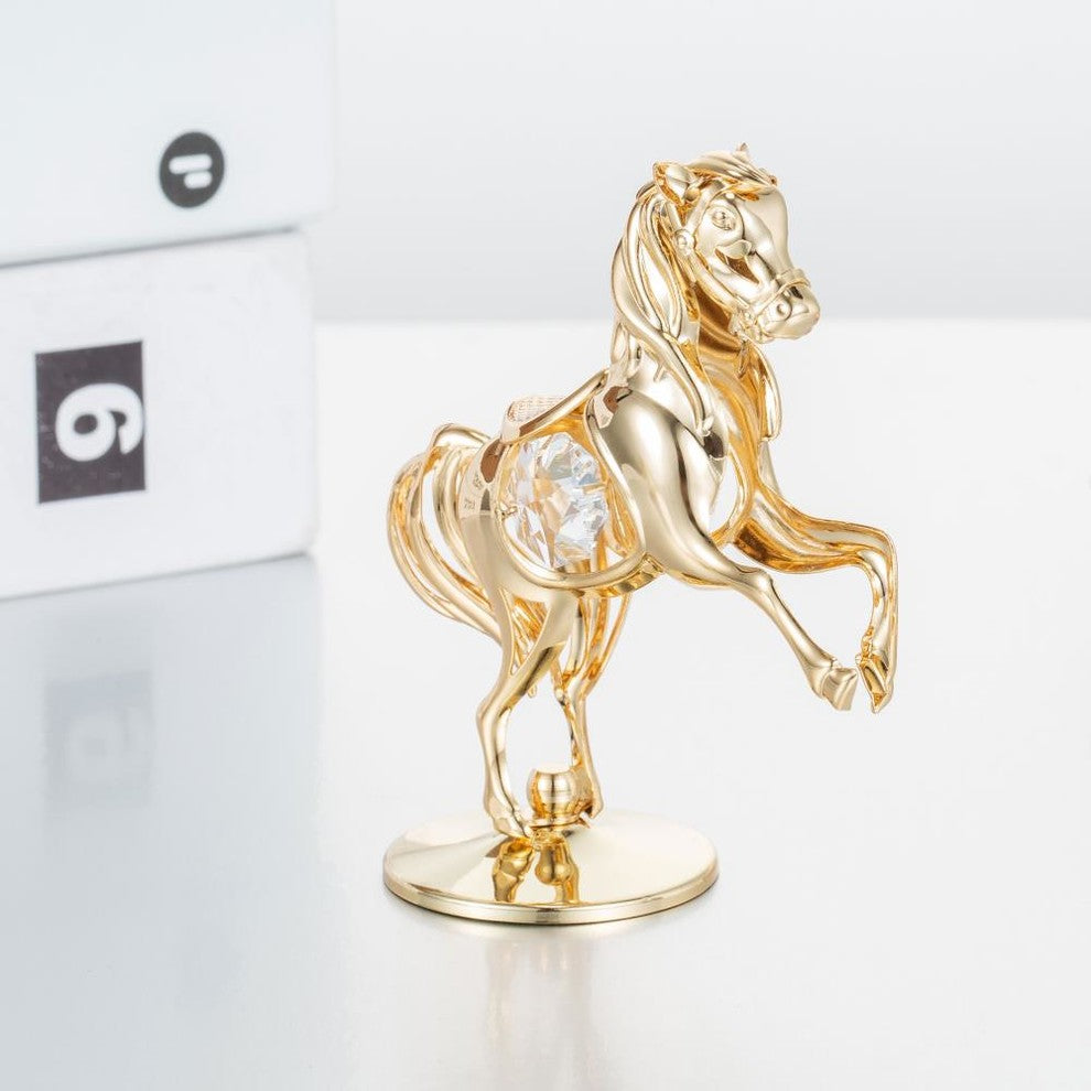 24K Gold Plated Crystal Studded Horse On a Pedestal Ornament