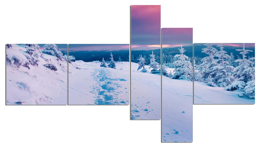 Beautiful Sunrise over Winter Mountains, Landscape Canvas Art, 60"x32", 5 panels
