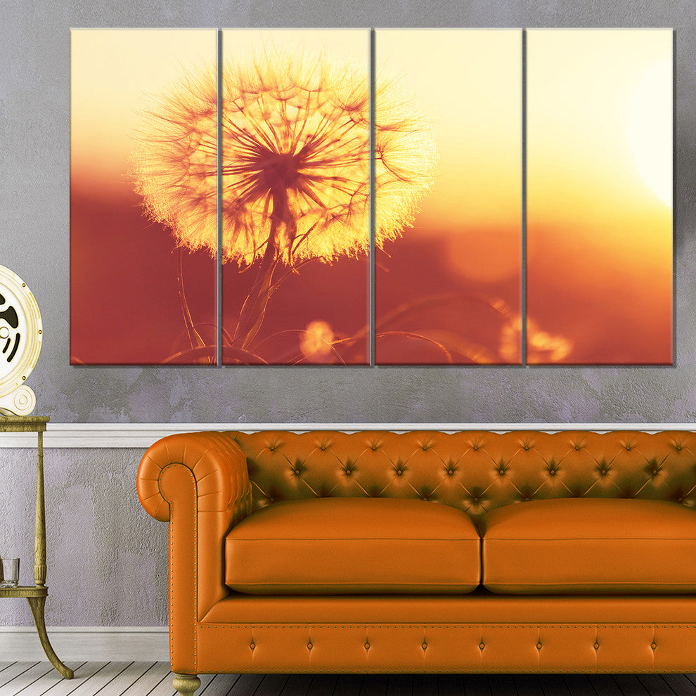 Blossom Dandelion Flower on Brown, Large Flower Canvas Print, 48"x28", 4 Panels