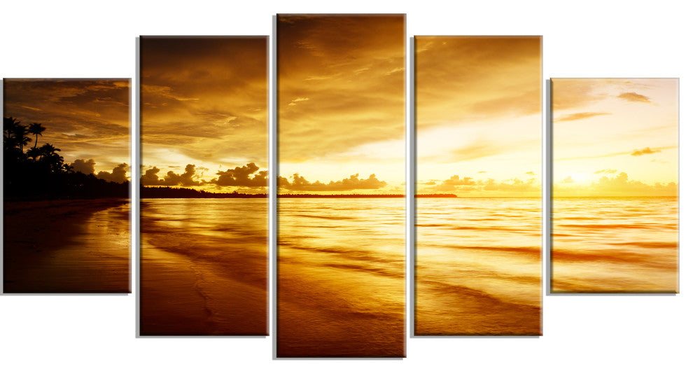 "Fascinating Caribbean Beach in Yellow" Seashore Wall Art, 5 Panels, 60"x32"