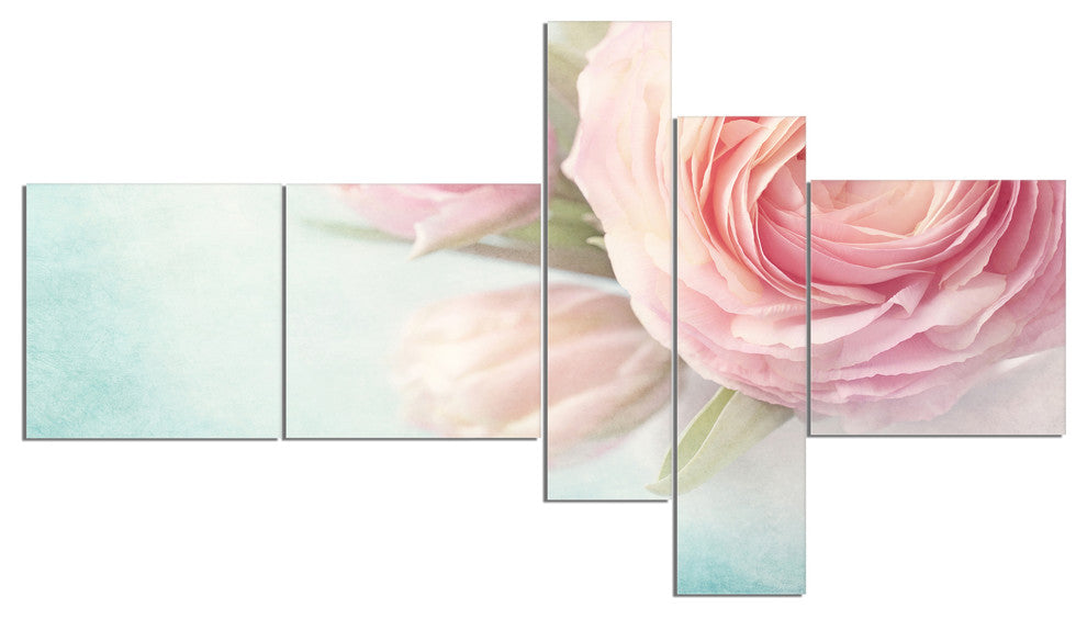 Pink Flowers against Blue Background, Floral Canvas Art Print, 60"x32", 5 panels