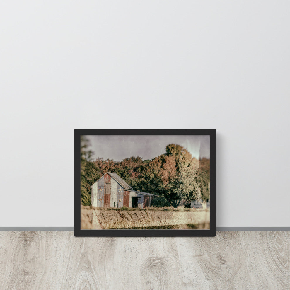 Patriotic Weathered Barn in Field Glass Plate Framed Photo Paper Wall Art Prints, Black, 12" X 16"