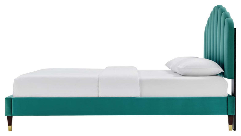 Platform Bed Frame, Queen Size, Teal Blue, Velvet, Modern, Bedroom Guest Suite
