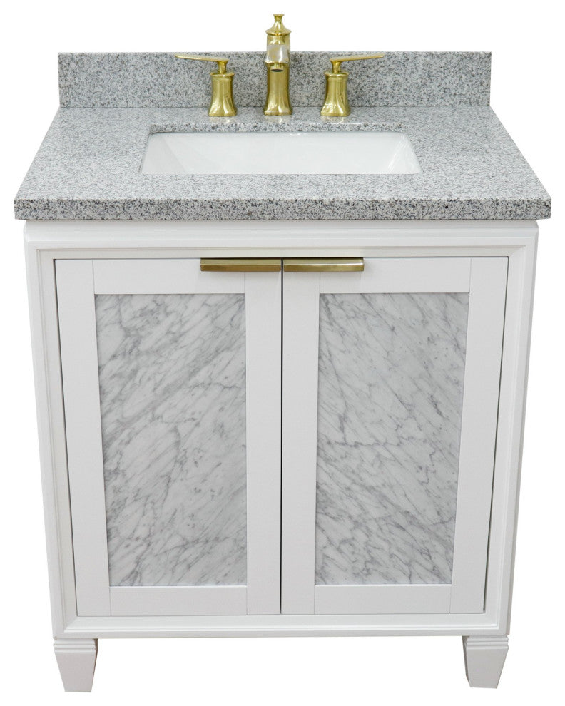 31" Single Sink Vanity, White Finish With Gray Granite With Rectangle Sink