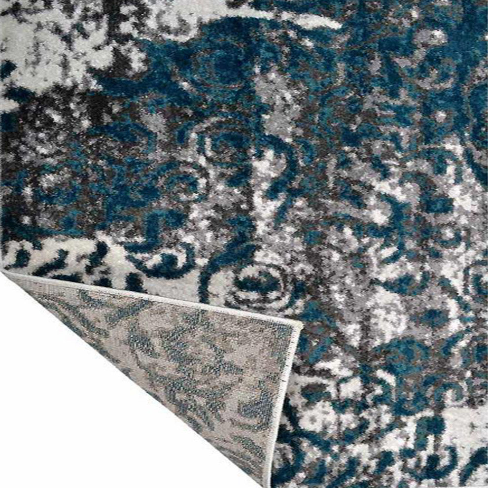 Machine Woven Heatset Polypropylene Area Rug Abstract Silver Blue, [Runner] 3'2''x10'