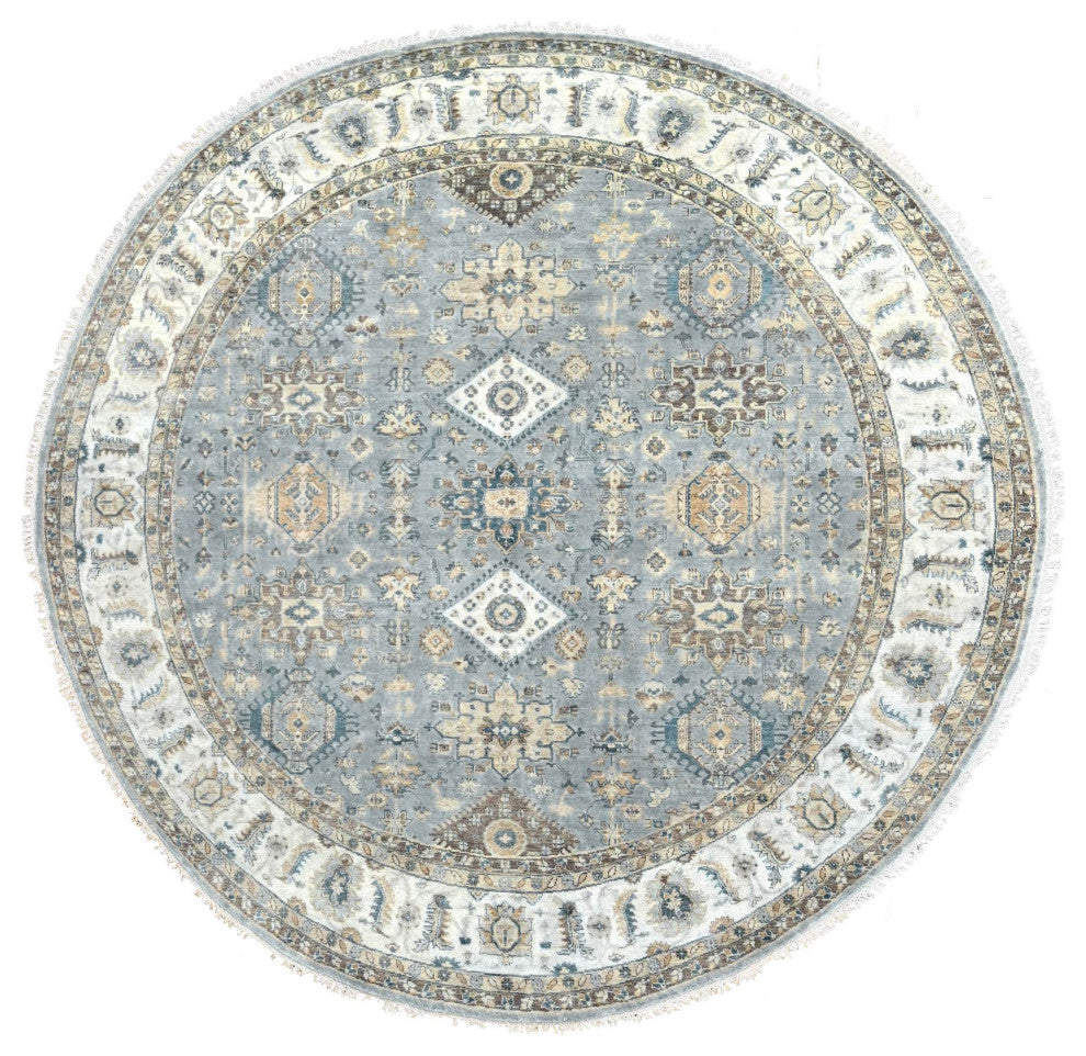 Blue Gray Hand Knotted Karajeh Design Wool Round Oriental Rug, 8'10"x9'