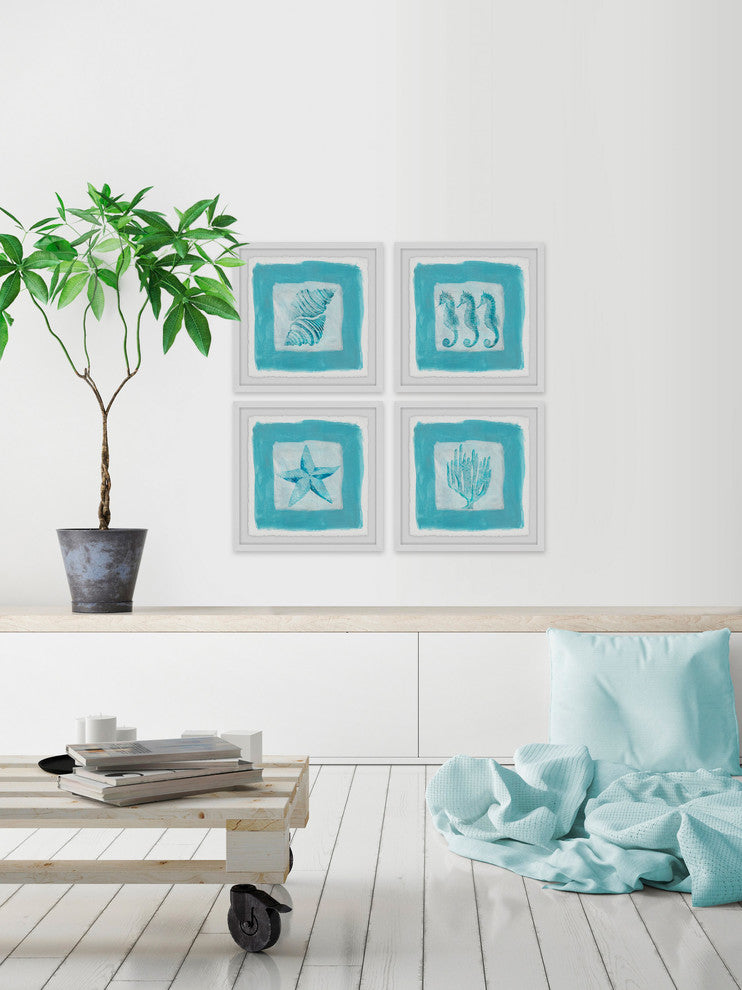 "Sea Life Blue Quadriptych" Framed Painting Prints, 24"x24", 4-Piece Set
