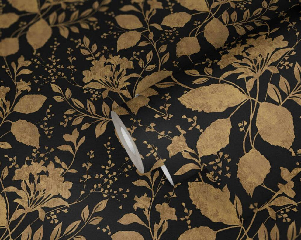 Floral Textured Wallpaper Flowers Leaves Plants, 329863, Black Gray, Sample