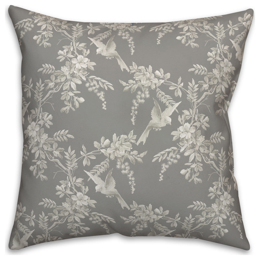 Birds Leaves Monochrome On Gray 6 20x20 Spun Poly Pillow