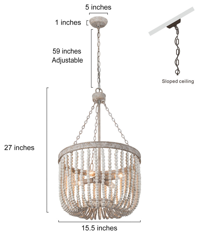 Wood Beaded Chandelier 4-light Drum Basket Ceiling Light
